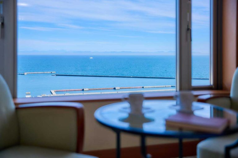 Views of the mountains on the other side of Ishikari Bay and the horizon from ocean view rooms